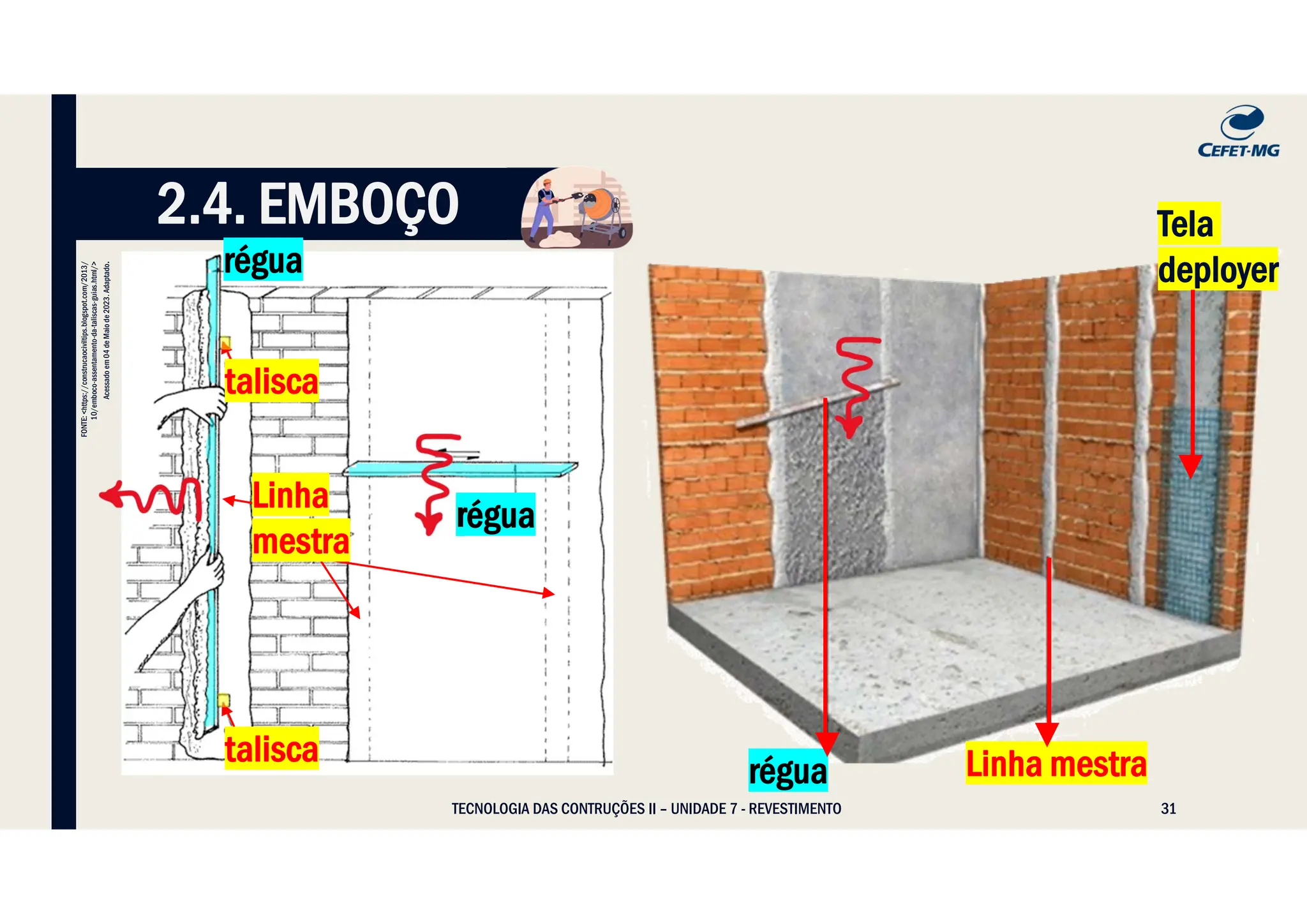 31
TECNOLOGIA DAS CONTRUÇÕES II – UNIDADE 7 - REVESTIMENTO
2.4. EMBOÇO
FONTE:
<https://construcaociviltips.blogspot.com/2013/
10/emboco-assentamento-da-taliscas-guias.html/>
Acessado
em
04
de
Maio
de
2023.
Adaptado
.
talisca
talisca
régua
régua
Linha
mestra
régua Linha mestra
Tela
deployer
 