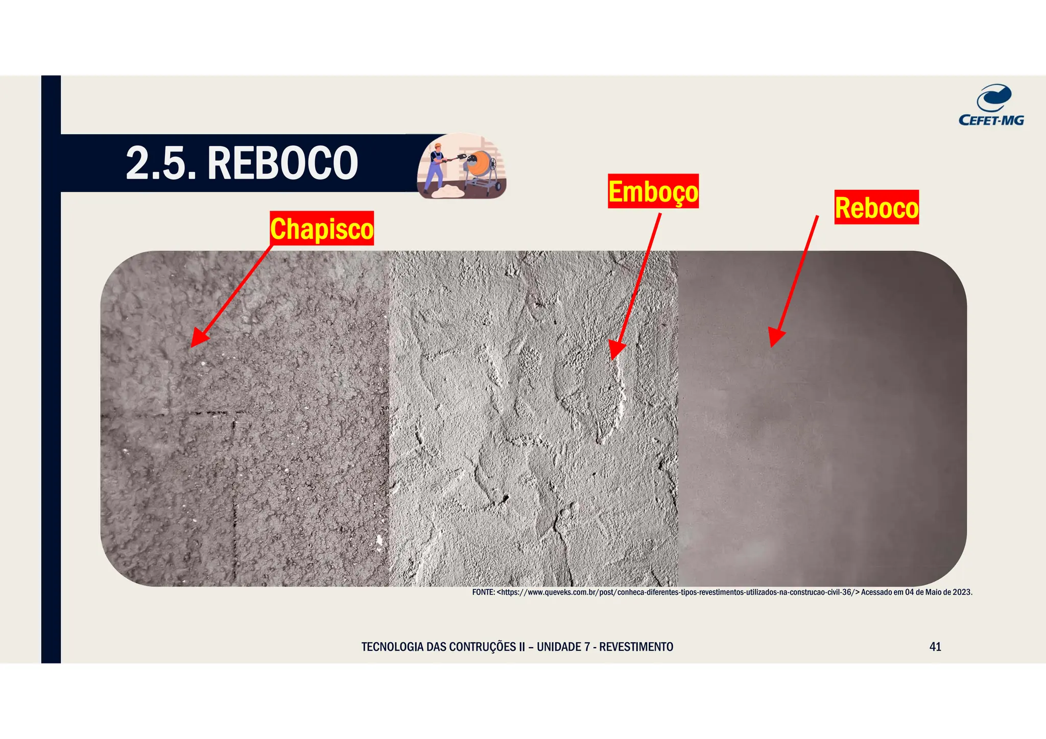 41
TECNOLOGIA DAS CONTRUÇÕES II – UNIDADE 7 - REVESTIMENTO
2.5. REBOCO
FONTE: <https://www.queveks.com.br/post/conheca-diferentes-tipos-revestimentos-utilizados-na-construcao-civil-36/> Acessado em 04 de Maio de 2023.
Chapisco
Emboço
Reboco
 