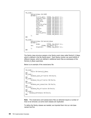 TEC_CLASS :
                                  Sentry2_ _Base ISA EVENT
                                  DEFINES {
                                          distrib_admin: STRING,     dup_detect=   no   ;
                                          response_level: STRING,    dup_detect=   no   ;
                                          probe_arg:       STRING,   dup_detect=   no   ;
                                          prev_value:      STRING,   dup_detect=   no   ;
                                          value:           STRING,   dup_detect=   no   ;
                                          effective_value:STRING,    dup_detect=   no   ;
                                          collection:      STRING,   dup_detect=   no   ;
                                          info:            STRING,   dup_detect=   no   ;
                                          monitor:         STRING,   dup_detect=   no   ;
                                          units:           STRING,   dup_detect=   no   ;
                                          relation:        STRING,   dup_detect=   no   ;
                                          relation_delta: STRING,    dup_detect=   no   ;
                                          msg:             STRING,   dup_detect=   no   ;
                                  };
                          END

                          TEC_CLASS :
                                  Sentry3_5_Base ISA Sentry2_ _Base
                                  DEFINES {
                                          probe:          STRING, dup_detect= no ;
                                  tmr:            STRING, dup_detect= no ;
                                          dispatcher:     STRING, dup_detect= no ;
                                  };
                          END



                        The Sentry class structure assigns a top Sentry event class called Sentry3_5_Base,
                        which is defined in the file Sentry.baroc. Each Sentry monitor can send events of
                        different classes, which are defined in additional baroc files as subclasses of the
                        Sentry3_5_Base superclass.

                        Below is an example of the oracle.baroc file:


                          TEC_CLASS :
                                  Oracle ISA Sentry3_5_Base;
                          END
                          TEC_CLASS :
                                  Database_space_utilization ISA Oracle;
                          END
                          TEC_CLASS :
                                  Database_lock_utilization ISA Oracle;
                          END
                          TEC_CLASS :
                                  Database_user_connections ISA Oracle;
                          END
                          TEC_CLASS :
                                  Database_CPU_utilization ISA Oracle;
                          END
                          TEC_CLASS :
                                Database_Performance ISA Oracle;
                          END



                        Note: The oracle.baroc and sybase.baroc files as delivered require a number of
                        lines to be removed, as some event classes are duplicated.

                        To define the Sentry classes we needed, we imported them into our rule base
                        named CanTire:



84   TEC Implementation Examples
 
