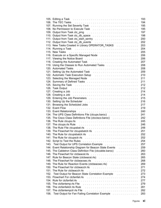 105.   Editing a Task . . . . . . . . . . . . . . . . . . . . . .        . . . . . . . . . . .     193
106.   The TEC Tasks         . . . . . . . . . . . . . . . . . . . . .   . . . . . . . . . . .     194
107.   Running the Set Severity Task . . . . . . . . . . . . .           . . . . . . . . . . .     195
108.   No Permission to Execute Task . . . . . . . . . . . .             . . . . . . . . . . .     195
109.   Output from Task ctc_ping . . . . . . . . . . . . . . .           . . . . . . . . . . .     197
110.   Output from Task ctc_db_space . . . . . . . . . . . .             . . . . . . . . . . .     198
111.   Output from Task ctc_start_sentry . . . . . . . . . . .           . . . . . . . . . . .     200
112.   Output from Task ctc_db_events            . . . . . . . . . . .   . . . . . . . . . . .     202
113.   New Tasks Created in Library OPERATOR_TASKS                       . . . . . . . . . . .     203
114.   Running a Task . . . . . . . . . . . . . . . . . . . . .          . . . . . . . . . . .     204
115.   New Tasks . . . . . . . . . . . . . . . . . . . . . . . .         . . . . . . . . . . .     205
116.   Execute on a Specific Managed Node . . . . . . . .                . . . . . . . . . . .     206
117.   Viewing the Notice Board . . . . . . . . . . . . . . . .          . . . . . . . . . . .     206
118.   Creating the Automated Task . . . . . . . . . . . . .             . . . . . . . . . . .     207
119.   Using the Classes to Run Automated Tasks . . . . .                . . . . . . . . . . .     208
120.   Automated Tasks         . . . . . . . . . . . . . . . . . . . .   . . . . . . . . . . .     208
121.   Setting Up the Automated Task . . . . . . . . . . . .             . . . . . . . . . . .     209
122.   Automatic Task Execution Setup            . . . . . . . . . . .   . . . . . . . . . . .     210
123.   Selecting the Managed Node            . . . . . . . . . . . . .   . . . . . . . . . . .     211
124.   Summary of Defined Tasks . . . . . . . . . . . . . . .            . . . . . . . . . . .     211
125.   Saving the Task . . . . . . . . . . . . . . . . . . . . .         . . . . . . . . . . .     212
126.   Task Output      . . . . . . . . . . . . . . . . . . . . . . .    . . . . . . . . . . .     212
127.   Creating a Job . . . . . . . . . . . . . . . . . . . . . .        . . . . . . . . . . .     214
128.   Creating a Job . . . . . . . . . . . . . . . . . . . . . .        . . . . . . . . . . .     214
129.   Entering the Job Parameters . . . . . . . . . . . . . .           . . . . . . . . . . .     215
130.   Setting Up the Scheduler . . . . . . . . . . . . . . . .          . . . . . . . . . . .     216
131.   Browsing the Scheduled Jobs . . . . . . . . . . . . .             . . . . . . . . . . .     217
132.   Event Flow . . . . . . . . . . . . . . . . . . . . . . . .        . . . . . . . . . . .     219
133.   Event Relationships . . . . . . . . . . . . . . . . . . .         . . . . . . . . . . .     240
134.   The UPS Class Definitions File (ctcups.baroc) . . . .             . . . . . . . . . . .     241
135.   The Cisco Class Definitions File (ctccisco.baroc) . .             . . . . . . . . . . .     242
136.   The Rule ctcups.rls . . . . . . . . . . . . . . . . . . .         . . . . . . . . . . .     245
137.   The ctcups.rls Rule . . . . . . . . . . . . . . . . . . .         . . . . . . . . . . .     246
138.   The Rule File ctcupsbat.rls . . . . . . . . . . . . . . .         . . . . . . . . . . .     248
139.   The Flowchart for ctcupsbatclr.rls . . . . . . . . . . .          . . . . . . . . . . .     251
140.   The Rule for ctcupsbatclr.rls . . . . . . . . . . . . . .         . . . . . . . . . . .     252
141.   The Rule for ctcupsclr.rls . . . . . . . . . . . . . . . .        . . . . . . . . . . .     252
142.   Script to Test the Rules . . . . . . . . . . . . . . . . .        . . . . . . . . . . .     254
143.    Test Output for UPS Correlation Example . . . . . .              . . . . . . . . . . .     257
144.   Event Relationship Diagram for Beacon State Events                  . . . . . . . . . .     259
145.   The Cabletron Class Definition File (ctccable.baroc)              . . . . . . . . . . .     260
146.   The Flowchart for ctcbeacst.rls . . . . . . . . . . . . .         . . . . . . . . . . .     263
147.   Rule for Beacon State (ctcbeacst.rls) . . . . . . . . .           . . . . . . . . . . .     265
148.   The Flowchart for ctcbeacsec.rls          . . . . . . . . . . .   . . . . . . . . . . .     268
149.   The Rule for Reaction Events (ctcbeacsec.rls)             . . .   . . . . . . . . . . .     269
150.   The Flowchart for ctcbeacclr.rls . . . . . . . . . . . .          . . . . . . . . . . .     271
151.   The Rule for ctcbeacclr.rls . . . . . . . . . . . . . . .         . . . . . . . . . . .     272
152.    Test Output for Beacon State Correlation Example                 . . . . . . . . . . .     273
153.   Flowchart For ctcfanfail.rls . . . . . . . . . . . . . . .        . . . . . . . . . . .     274
154.   Rule for ctcfanfail.rls . . . . . . . . . . . . . . . . . . .     . . . . . . . . . . .     277
155.   The ctcfantemp.rls File . . . . . . . . . . . . . . . . .         . . . . . . . . . . .     279
156.   The ctcfanfailclr.rls Rule      . . . . . . . . . . . . . . . .   . . . . . . . . . . .     281
157.   The ctcfantempclr.rls File . . . . . . . . . . . . . . . .        . . . . . . . . . . .     282
158.    Test Output for Fan Failing Correlation Example . .              . . . . . . . . . . .     283

                                                                                         Figures    xi
 