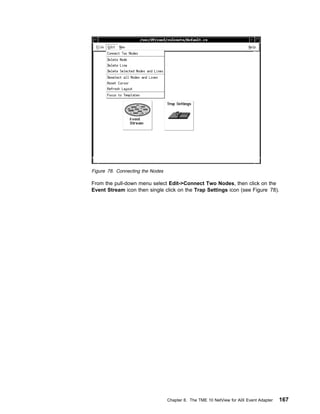 Figure 78. Connecting the Nodes

From the pull-down menu select Edit->Connect Two Nodes, then click on the
Event Stream icon then single click on the Trap Settings icon (see Figure 78).




                                  Chapter 8. The TME 10 NetView for AIX Event Adapter   167
 