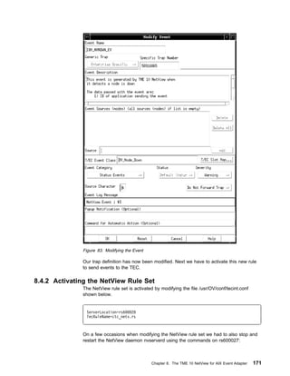 Figure 83. Modifying the Event

              Our trap definition has now been modified. Next we have to activate this new rule
              to send events to the TEC.

8.4.2 Activating the NetView Rule Set
              The NetView rule set is activated by modifying the file /usr/OV/conf/tecint.conf
              shown below.


                ServerLocation=rs6   28
                TecRuleName=ctc_netv.rs



              On a few occasions when modifying the NetView rule set we had to also stop and
              restart the NetView daemon nvserverd using the commands on rs600027:



                                               Chapter 8. The TME 10 NetView for AIX Event Adapter   171
 