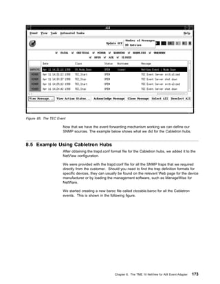 Figure 85. The TEC Event

                      Now that we have the event forwarding mechanism working we can define our
                      SNMP sources. The example below shows what we did for the Cabletron hubs.


8.5 Example Using Cabletron Hubs
                      After obtaining the trapd.conf format file for the Cabletron hubs, we added it to the
                      NetView configuration.

                      We were provided with the trapd.conf file for all the SNMP traps that we required
                      directly from the customer. Should you need to find the trap definition formats for
                      specific devices, they can usually be found on the relevant Web page for the device
                      manufacturer or by loading the management software, such as ManageWise for
                      NetWare.

                      We started creating a new baroc file called ctccable.baroc for all the Cabletron
                      events. This is shown in the following figure.




                                                       Chapter 8. The TME 10 NetView for AIX Event Adapter   173
 