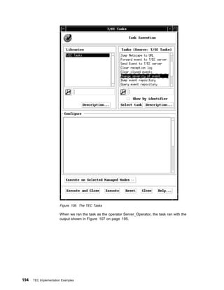 Figure 106. The TEC Tasks

                       When we ran the task as the operator Server_Operator, the task ran with the
                       output shown in Figure 107 on page 195.




194   TEC Implementation Examples
 