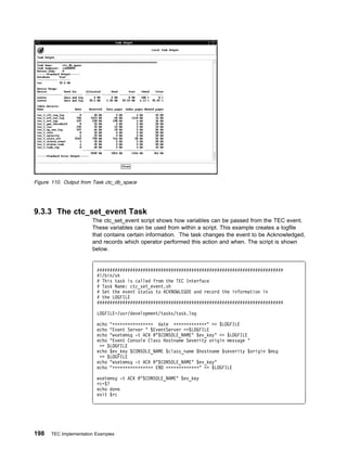 Figure 110. Output from Task ctc_db_space




9.3.3 The ctc_set_event Task
                       The ctc_set_event script shows how variables can be passed from the TEC event.
                       These variables can be used from within a script. This example creates a logfile
                       that contains certain information. The task changes the event to be Acknowledged,
                       and records which operator performed this action and when. The script is shown
                       below.


                         #########################################################################
                         #!/bin/sh
                         # This task is called from the TEC Interface
                         # Task Name: ctc_set_event.sh
                         # Set the event status to ACKNOWLEGDE and record the information in
                         # the LOGFILE
                         #########################################################################

                         LOGFILE=/usr/development/tasks/task.log

                         echo "ᑍᑍᑍᑍᑍᑍᑍᑍᑍᑍᑍᑍᑍᑍᑍᑍ date ᑍᑍᑍᑍᑍᑍᑍᑍᑍᑍᑍᑍᑍ" >> $LOGFILE
                         echo "Event Server " $EventServer >>$LOGFILE
                         echo "wsetemsg -t ACK @"$CONSOLE_NAME" $ev_key" >> $LOGFILE
                         echo "Event Console Class Hostname Severity origin message "
                          >> $LOGFILE
                         echo $ev_key $CONSOLE_NAME $class_name $hostname $severity $origin $msg
                          >> $LOGFILE
                         echo "wsetemsg -t ACK @"$CONSOLE_NAME" $ev_key"
                         echo "ᑍᑍᑍᑍᑍᑍᑍᑍᑍᑍᑍᑍᑍᑍᑍᑍ END ᑍᑍᑍᑍᑍᑍᑍᑍᑍᑍᑍᑍᑍ" >> $LOGFILE

                         wsetemsg -t ACK @"$CONSOLE_NAME" $ev_key
                         rc=$?
                         echo done
                         exit $rc




198   TEC Implementation Examples
 