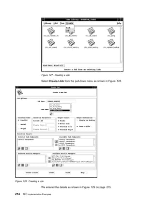 Figure 127. Creating a Job

                        Select Create->Job from the pull-down menu as shown in Figure 128.




Figure 128. Creating a Job

                        We entered the details as shown in Figure 129 on page 215.

214    TEC Implementation Examples
 