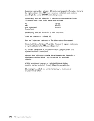 these reference numbers is to alert IBM customers to specific information relative to
                       the implementation of the PTF when it becomes available to each customer
                       according to the normal IBM PTF distribution process.

                       The following terms are trademarks of the International Business Machines
                       Corporation in the United States and/or other countries:

                       AIX                                         AS/400
                       IBM                                         NetView
                       RISC System/6000                            RS/6000
                       Trouble Ticket

                       The following terms are trademarks of other companies:

                       C-bus is a trademark of Corollary, Inc.

                       Java and HotJava are trademarks of Sun Microsystems, Incorporated.

                       Microsoft, Windows, Windows NT, and the Windows 95 logo are trademarks
                       or registered trademarks of Microsoft Corporation.

                       PC Direct is a trademark of Ziff Communications Company and is used
                       by IBM Corporation under license.

                       Pentium, MMX, ProShare, LANDesk, and ActionMedia are trademarks or
                       registered trademarks of Intel Corporation in the U.S. and other
                       countries.

                       UNIX is a registered trademark in the United States and other
                       countries licensed exclusively through X/Open Company Limited.

                       Other company, product, and service names may be trademarks or
                       service marks of others.




312   TEC Implementation Examples
 