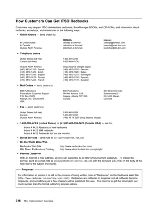 How Customers Can Get ITSO Redbooks
Customers may request ITSO deliverables (redbooks, BookManager BOOKs, and CD-ROMs) and information about
redbooks, workshops, and residencies in the following ways:
   Online Orders — send orders to:

                                            IBMMAIL                                   Internet
   In United States:                        usib6fpl at ibmmail                       usib6fpl@ibmmail.com
   In Canada:                               caibmbkz at ibmmail                       lmannix@vnet.ibm.com
   Outside North America:                   dkibmbsh at ibmmail                       bookshop@dk.ibm.com

   Telephone orders

   United States (toll free)                1-800-879-2755
   Canada (toll free)                       1-800-IBM-4YOU

   Outside North America                    (long distance charges apply)
   (+45) 4810-1320 - Danish                 (+45) 4810-1020 - German
   (+45) 4810-1420 - Dutch                  (+45) 4810-1620 - Italian
   (+45) 4810-1540 - English                (+45) 4810-1270 - Norwegian
   (+45) 4810-1670 - Finnish                (+45) 4810-1120 - Spanish
   (+45) 4810-1220 - French                 (+45) 4810-1170 - Swedish

   Mail Orders — send orders to:

   IBM Publications                         IBM Publications                          IBM Direct Services
   Publications Customer Support            144-4th Avenue, S.W.                      Sortemosevej 21
   P.O. Box 29570                           Calgary, Alberta T2P 3N5                  DK-3450 Allerød
   Raleigh, NC 27626-0570                   Canada                                    Denmark
   USA

   Fax — send orders to:

   United States (toll free)                1-800-445-9269
   Canada                                   1-403-267-4455
   Outside North America                    (+45) 48 14 2207 (long distance charge)

   1-800-IBM-4FAX (United States) or (+1)001-408-256-5422 (Outside USA) — ask for:
       Index # 4421 Abstracts of new redbooks
       Index # 4422 IBM redbooks
       Index # 4420 Redbooks for last six months
   Direct Services - send note to softwareshop@vnet.ibm.com
   On the World Wide Web
   Redbooks Web Site                     http://www.redbooks.ibm.com/
   IBM Direct Publications Catalog       http://www.elink.ibmlink.ibm.com/pbl/pbl
   Internet Listserver
   With an Internet e-mail address, anyone can subscribe to an IBM Announcement Listserver. To initiate the
   service, send an e-mail note to announce@webster.ibmlink.ibm.com with the keyword subscribe in the body of the
   note (leave the subject line blank).

      Redpieces

 For information so current it is still in the process of being written, look at "Redpieces" on the Redbooks Web Site
 (http://www.redbooks.ibm.com/redpieces.html). Redpieces are redbooks in progress; not all redbooks become
 redpieces, and sometimes just a few chapters will be published this way. The intent is to get the information out
 much quicker than the formal publishing process allows.




316    TEC Implementation Examples
 