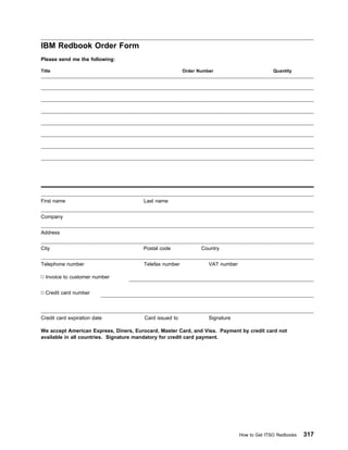 IBM Redbook Order Form
Please send me the following:

Title                                                   Order Number                         Quantity




First name                             Last name


Company


Address


City                                   Postal code             Country


Telephone number                       Telefax number             VAT number

  Invoice to customer number


  Credit card number



Credit card expiration date            Card issued to             Signature

We accept American Express, Diners, Eurocard, Master Card, and Visa. Payment by credit card not
available in all countries. Signature mandatory for credit card payment.




                                                                               How to Get ITSO Redbooks   317
 
