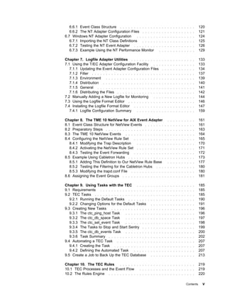 6.6.1 Event Class Structure . . . . . . . . . . . . .        . . . . . . . . . . . . . .     120
   6.6.2 The NT Adapter Configuration Files . . . . .           . . . . . . . . . . . . . .     121
6.7 Windows NT Adapter Configuration       . . . . . . .        . . . . . . . . . . . . . .     124
   6.7.1 Importing the NT Class Definitions . . . . .           . . . . . . . . . . . . . .     125
   6.7.2 Testing the NT Event Adapter . . . . . . . .           . . . . . . . . . . . . . .     126
   6.7.3 Example Using the NT Performance Monitor                 . . . . . . . . . . . . .     129

Chapter 7. Logfile Adapter Utilities . . . . . . .          . . . . . . . . . . . . . . . .     133
7.1 Using the T/EC Adapter Configuration Facility             . . . . . . . . . . . . . . .     133
   7.1.1 Updating the Event Adapter Configuration           Files . . . . . . . . . . . .       134
   7.1.2 Filter . . . . . . . . . . . . . . . . . . . . .   . . . . . . . . . . . . . . . .     137
   7.1.3 Environment . . . . . . . . . . . . . . . .        . . . . . . . . . . . . . . . .     139
   7.1.4 Distribution . . . . . . . . . . . . . . . . .     . . . . . . . . . . . . . . . .     140
   7.1.5 General . . . . . . . . . . . . . . . . . . .      . . . . . . . . . . . . . . . .     141
   7.1.6 Distributing the Files . . . . . . . . . . . .     . . . . . . . . . . . . . . . .     142
7.2 Manually Adding a New Logfile for Monitoring              . . . . . . . . . . . . . . .     144
7.3 Using the Logfile Format Editor . . . . . . . .         . . . . . . . . . . . . . . . .     146
7.4 Installing the Logfile Format Editor . . . . . .        . . . . . . . . . . . . . . . .     147
   7.4.1 Logfile Configuration Summary . . . . .            . . . . . . . . . . . . . . . .     159

Chapter 8. The TME 10 NetView for AIX Event Adapter                     . . . . . . . . . .     161
8.1 Event Class Structure for NetView Events . . . . . . .            . . . . . . . . . . .     161
8.2 Preparatory Steps . . . . . . . . . . . . . . . . . . . . .       . . . . . . . . . . .     163
8.3 The TME 10 NetView Events . . . . . . . . . . . . . .             . . . . . . . . . . .     164
8.4 Configuring the NetView Rule Set . . . . . . . . . . .            . . . . . . . . . . .     165
   8.4.1 Modifying the Trap Description      . . . . . . . . . .      . . . . . . . . . . .     170
   8.4.2 Activating the NetView Rule Set . . . . . . . . . .          . . . . . . . . . . .     171
   8.4.3 Testing the Event Forwarding . . . . . . . . . . .           . . . . . . . . . . .     172
8.5 Example Using Cabletron Hubs . . . . . . . . . . . . .            . . . . . . . . . . .     173
   8.5.1 Adding This Definition to Our NetView Rule Base                . . . . . . . . . .     177
   8.5.2 Testing the Filtering for the Cabletron Hubs . . .           . . . . . . . . . . .     180
   8.5.3 Modifying the trapd.conf File . . . . . . . . . . . .        . . . . . . . . . . .     180
8.6 Assigning the Event Groups . . . . . . . . . . . . . . .          . . . . . . . . . . .     181

Chapter 9. Using Tasks with the TEC . . . .             . . . . . . . . . . . . . . . . .       185
9.1 Requirements . . . . . . . . . . . . . . . . .      . . . . . . . . . . . . . . . . .       185
9.2 TEC Tasks . . . . . . . . . . . . . . . . . . .     . . . . . . . . . . . . . . . . .       185
   9.2.1 Running the Default Tasks . . . . . . .        . . . . . . . . . . . . . . . . .       190
   9.2.2 Changing Options for the Default Tasks             . . . . . . . . . . . . . . . .     191
9.3 Creating New Tasks . . . . . . . . . . . . .        . . . . . . . . . . . . . . . . .       196
   9.3.1 The ctc_ping_host Task     . . . . . . . .     . . . . . . . . . . . . . . . . .       196
   9.3.2 The ctc_db_space Task      . . . . . . . .     . . . . . . . . . . . . . . . . .       197
   9.3.3 The ctc_set_event Task     . . . . . . . .     . . . . . . . . . . . . . . . . .       198
   9.3.4 The Tasks to Stop and Start Sentry . .         . . . . . . . . . . . . . . . . .       199
   9.3.5 The ctc_db_events Task . . . . . . . .         . . . . . . . . . . . . . . . . .       200
   9.3.6 Task Summary . . . . . . . . . . . . . .       . . . . . . . . . . . . . . . . .       202
9.4 Automating a TEC Task . . . . . . . . . . .         . . . . . . . . . . . . . . . . .       207
   9.4.1 Creating the Task . . . . . . . . . . . .      . . . . . . . . . . . . . . . . .       207
   9.4.2 Defining the Automated Task      . . . . .     . . . . . . . . . . . . . . . . .       207
9.5 Create a Job to Back Up the TEC Database                . . . . . . . . . . . . . . . .     213

Chapter 10. The TEC Rules     . . . . . . . . . . . . . . . . . . . . . . . . . . .             219
10.1 TEC Processes and the Event Flow       . . . . . . . . . . . . . . . . . . . .             219
10.2 The Rules Engine . . . . . . . . . . . . . . . . . . . . . . . . . . . . . . .             220

                                                                                     Contents    v
 