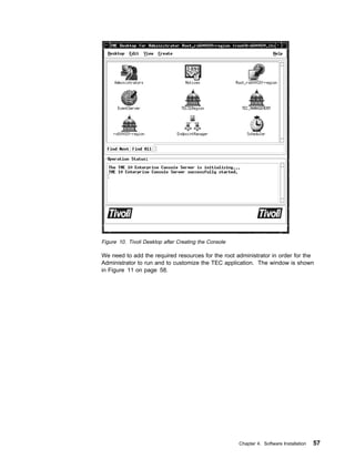 Figure 10. Tivoli Desktop after Creating the Console

We need to add the required resources for the root administrator in order for the
Administrator to run and to customize the TEC application. The window is shown
in Figure 11 on page 58.




                                                       Chapter 4. Software Installation   57
 