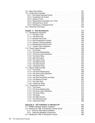 10.3 Basic Rule Writing . . . . . . . . . . . . .    . . . . . . . . . . . . . . . . . .   221
                        10.4 Simple Rule Examples . . . . . . . . . .        . . . . . . . . . . . . . . . . . .   223
                          10.4.1 Eliminating Duplicate Events . . . .        . . . . . . . . . . . . . . . . . .   223
                          10.4.2 Correlating Two Events . . . . . . .        . . . . . . . . . . . . . . . . . .   226
                          10.4.3 Setting a Timer . . . . . . . . . . . .     . . . . . . . . . . . . . . . . . .   228
                          10.4.4 Responding to Expiration of a Timer           . . . . . . . . . . . . . . . . .   229
                          10.4.5 Reanalyzing an Event . . . . . . . .        . . . . . . . . . . . . . . . . . .   231
                          10.4.6 Reacting to a Changed Event . . .           . . . . . . . . . . . . . . . . . .   233
                        10.5 Advanced Techniques      . . . . . . . . . .    . . . . . . . . . . . . . . . . . .   234

                        Chapter 11. Rule Development . . . .           . . . . . . . . . . . . . . . . . . . . .   235
                        11.1 Development Standards . . . . . .         . . . . . . . . . . . . . . . . . . . . .   235
                          11.1.1 The Baroc Files     . . . . . . . .   . . . . . . . . . . . . . . . . . . . . .   235
                          11.1.2 The Rules Files . . . . . . . . .     . . . . . . . . . . . . . . . . . . . . .   236
                          11.1.3 Directory Structures . . . . . .      . . . . . . . . . . . . . . . . . . . . .   236
                          11.1.4 Rule Development Policies . .         . . . . . . . . . . . . . . . . . . . . .   236
                          11.1.5 General Testing Guidelines . .        . . . . . . . . . . . . . . . . . . . . .   237
                          11.1.6 Miscellaneous Rules Errors . .        . . . . . . . . . . . . . . . . . . . . .   238
                          11.1.7 Trouble Ticket Integration . . .      . . . . . . . . . . . . . . . . . . . . .   238
                        11.2 Power Supply Example . . . . . . .        . . . . . . . . . . . . . . . . . . . . .   238
                          11.2.1 The Events . . . . . . . . . . .      . . . . . . . . . . . . . . . . . . . . .   239
                          11.2.2 The Event Relationships       . . .   . . . . . . . . . . . . . . . . . . . . .   239
                          11.2.3 The Event Class Definitions       .   . . . . . . . . . . . . . . . . . . . . .   240
                          11.2.4 The Event Policy . . . . . . . .      . . . . . . . . . . . . . . . . . . . . .   243
                          11.2.5 Rule Information . . . . . . . .      . . . . . . . . . . . . . . . . . . . . .   244
                          11.2.6 The Cause Event . . . . . . . .       . . . . . . . . . . . . . . . . . . . . .   244
                          11.2.7 The Effect Events . . . . . . .       . . . . . . . . . . . . . . . . . . . . .   247
                          11.2.8 The Clear Events . . . . . . . .      . . . . . . . . . . . . . . . . . . . . .   250
                          11.2.9 Testing the Rules     . . . . . . .   . . . . . . . . . . . . . . . . . . . . .   253
                        11.3 Beacon State Example . . . . . . .        . . . . . . . . . . . . . . . . . . . . .   257
                          11.3.1 The Events . . . . . . . . . . .      . . . . . . . . . . . . . . . . . . . . .   258
                          11.3.2 The Event Relationships       . . .   . . . . . . . . . . . . . . . . . . . . .   258
                          11.3.3 The Event Class Definitions       .   . . . . . . . . . . . . . . . . . . . . .   259
                          11.3.4 The Event Policy . . . . . . . .      . . . . . . . . . . . . . . . . . . . . .   261
                          11.3.5 The Rule Flowcharts and Rules           . . . . . . . . . . . . . . . . . . . .   262
                          11.3.6 The Reaction Events       . . . . .   . . . . . . . . . . . . . . . . . . . . .   267
                          11.3.7 The Clear Rule . . . . . . . . .      . . . . . . . . . . . . . . . . . . . . .   270
                          11.3.8 Testing the Rules     . . . . . . .   . . . . . . . . . . . . . . . . . . . . .   272
                        11.4 Temperature Example       . . . . . . .   . . . . . . . . . . . . . . . . . . . . .   273
                          11.4.1 The Events . . . . . . . . . . .      . . . . . . . . . . . . . . . . . . . . .   273
                          11.4.2 The Event Relationships       . . .   . . . . . . . . . . . . . . . . . . . . .   274
                          11.4.3 The Event Class Definitions       .   . . . . . . . . . . . . . . . . . . . . .   275
                          11.4.4 The Event Policy . . . . . . . .      . . . . . . . . . . . . . . . . . . . . .   275
                          11.4.5 The Rules . . . . . . . . . . . .     . . . . . . . . . . . . . . . . . . . . .   276
                          11.4.6 The Effect Events . . . . . . .       . . . . . . . . . . . . . . . . . . . . .   278
                          11.4.7 The Clearing Events . . . . . .       . . . . . . . . . . . . . . . . . . . . .   280
                          11.4.8 Testing the Rules     . . . . . . .   . . . . . . . . . . . . . . . . . . . . .   282

                        Appendix A. TEC Installation on Windows NT . .               . . . . . . . . . . . . . .   285
                        A.1 RDBMS Database Sybase Installation . . . . . .           . . . . . . . . . . . . . .   285
                        A.2 Installing the TME 10 Enterprise Console Server            . . . . . . . . . . . . .   297
                          A.2.1 Verify the RIM Object Installation . . . . . .       . . . . . . . . . . . . . .   302
                          A.2.2 Install the Database Components. . . . . .           . . . . . . . . . . . . . .   303
                        A.3 Installing the TME 10 Enterprise Console . . . .         . . . . . . . . . . . . . .   305

vi   TEC Implementation Examples
 