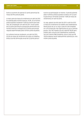 TEMPO EM CURSO                      5. Evolução da massa de rendimento médio real habitual de todos os trabalhos        8
Ano IV; Vol. 4; nº 6, Junho, 2012




branca e aumento de apenas 0,1 ponto percentual da                 tual de sua participação na mesma. A parcela auferida
massa da PEA preta & parda.                                        pelas mulheres pretas & pardas se elevou em 0,2 pon-
                                                                   to percentual, formando somente 11,8% da massa de
A maior parte da massa de rendimento em abril de 2012              rendimentos em abril de 2012.
foi auferida pelos homens brancos: 41,4%. Já os homens
pretos & pardos receberam 19,3% da mesma para este                 Ou seja, apesar de entre abril de 2011 e abril de 2012
mês. Na comparação com abril de 2011, houve queda                  a massa do rendimento do trabalho das trabalhadoras
de 0,5 ponto percentual na proporção pertencente aos               desse grupo de cor ou raça e sexo ter sido ampliado
homens brancos e retração de 0,2 pontos percentuais                em uma proporção mais significativa do que os demais
naquela experimentada pelos homens pretos & pardos.                grupos, isso não impediu que de cada R$ 100,00 apro-
                                                                   priados pelo conjunto dos trabalhadores residentes
As mulheres brancas receberam, em abril de 2012,                   nas seis maiores RMs brasileiras, pouco mais que R$
25,2% da massa de rendimento de todos os trabalhos,                10,00 acabasse sendo habitualmente auferida por uma
tendo ocorrido diminuição anual de 0,3 ponto percen-               mulher preta & parda.
 