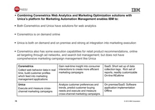 Combining Coremetrics Web Analytics and Marketing Optimization solutions with
     Unica’s platform for Marketing Automation Management enables IBM to:

     Both Coremetrics and Unica have solutions for web analytics

     Coremetrics is on demand online

     Unica is both on demand and on premise and strong at integration into marketing execution

     Coremetrics also has some execution capabilities for retail product recommendations, online
     ad targeting through ad networks, and search bid management; but does not have
     comprehensive marketing campaign management like Unica

     Coremetrics                         Gain real-time insight into consumer    SaaS: Short set up of data
     Collect web behavior data in real   interactions to create more efficient   collection tags. Rich set of
     time, build customer profiles       marketing campaigns                     reports, readily customizable
     which feed into marketing                                                   On-line REaltime
     management applications

     Unica                               Analyze customer preferences and        On premise/SaaS: Software
     Execute and measure cross-          trends, predict customer buying         application implementation
     channel marketing campaigns         needs and execute and measure           Offline
                                         cross-channel marketing campaigns.

15                                                                                                © 2010 IBM Corporation
 