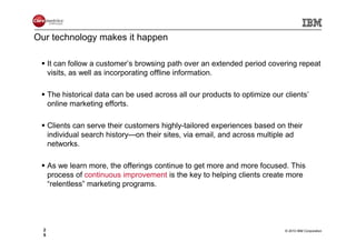Our technology makes it happen

      It can follow a customer’s browsing path over an extended period covering repeat
      visits, as well as incorporating offline information.

      The historical data can be used across all our products to optimize our clients’
      online marketing efforts.

      Clients can serve their customers highly-tailored experiences based on their
      individual search history—on their sites, via email, and across multiple ad
      networks.

      As we learn more, the offerings continue to get more and more focused. This
      process of continuous improvement is the key to helping clients create more
      “relentless” marketing programs.




  2                                                                           © 2010 IBM Corporation
  5
 