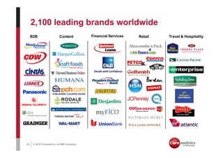 2,100 leading brands worldwide
     B2B                   Content          Financial Services   Retail   Travel & Hospitality




33    © 2010 Coremetrics, an IBM Company.
 