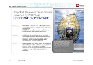 IBM Software Industry Solutions




       Targeted, Relevant Email Boosts
       Revenue by 2500% at
       L’OCCITANE EN PROVENCE

     Challenge        • L’OCCITANE customers were suffering from email
                        overload, and customer engagement through email
                        was declining
                      • L’OCCITANE wanted to increase email relevance
                        through smarter segmentation and testing


     Solution         • L’OCCITANE combined Coremetrics’ LIVEmail
                        solution with e-Dialog’s email marketing solution
                      • Behavioral web analytics data helped segment
                        customers so that targeted messages were
                        delivered based on product affinities
                                                                               “By segmenting visitors based on
                                                                               behavior and tailoring email content
     Results          • When compared to a control group, the conversion       accordingly, we are able to deliver
                        rate is 17 times higher and the revenue per email is   highly personalized messages that
                                                                               generate much higher open rates,
                        25 times higher with targeted messages
                                                                               conversion rates, and revenue per
                      • Personalized email messages are keeping customer       email.”
                        engagement high and driving repeat online
                                                                               Director of Ecommerce,
                        purchases
                                                                               L’OCCITANE EN PROVENCE




36              IBM Confidential                                                                                      © 2010 IBM Corporation
 