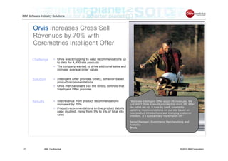IBM Software Industry Solutions



       Orvis Increases Cross Sell
       Revenues by 70% with
       Coremetrics Intelligent Offer

       Challenge         • Orvis was struggling to keep recommendations up
                           to date for 4,400 site products
                         • The company wanted to drive additional sales and
                           increase average order values


       Solution          • Intelligent Offer provides timely, behavior-based
                           product recommendations
                         • Orvis merchandisers like the strong controls that
                           Intelligent Offer provides



       Results           • Site revenue from product recommendations           “We knew Intelligent Offer would lift revenues. We
                           increased by 70%                                    just didn’t think it would provide this much lift. After
                         • Product recommendations on the product details      the initial set up, it runs by itself, constantly
                                                                               updating recommendations on our site based on
                           page doubled, rising from 3% to 6% of total site
                                                                               new product introductions and changing customer
                           sales                                               interests. It’s substantially more hands off.”

                                                                               Senior Manager, Ecommerce Merchandising and
                                                                               Analytics
                                                                               Orvis




37               IBM Confidential                                                                                         © 2010 IBM Corporation
 
