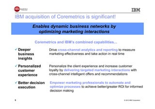 IBM acquisition of Coremetrics is significant!
            Enables dynamic business networks by
              optimizing marketing interactions

               Coremetrics and IBM’s combined capabilities...

    Deeper             Drive cross-channel analytics and reporting to measure
    business           marketing effectiveness and take action in real time
    insights

    Personalized       Personalize the client experience and increase customer
    customer           loyalty by delivering targeted marketing interactions with
    experience         cross-channel intelligent offers and recommendations

    Better decision    Empower marketing professionals to automate and
    execution          optimize processes to achieve better/greater ROI for informed
                       decision making

9                                                                       © 2010 IBM Corporation
 