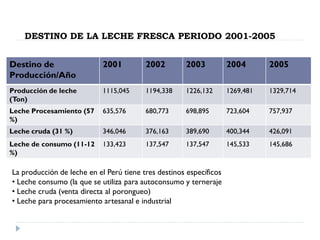 DESTINO DE LA LECHE FRESCA PERIODO 2001-2005
Destino de
Producción/Año
2001 2002 2003 2004 2005
Producción de leche
(Ton)
1115,045 1194,338 1226,132 1269,481 1329,714
Leche Procesamiento (57
%)
635,576 680,773 698,895 723,604 757,937
Leche cruda (31 %) 346,046 376,163 389,690 400,344 426,091
Leche de consumo (11-12
%)
133,423 137,547 137,547 145,533 145,686
La producción de leche en el Perú tiene tres destinos específicos
• Leche consumo (la que se utiliza para autoconsumo y terneraje
• Leche cruda (venta directa al porongueo)
• Leche para procesamiento artesanal e industrial
 