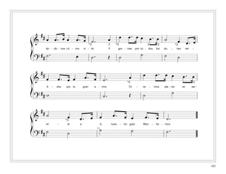 103
ß
Í
ß
Í
ß
Í
&
## œ œ . œ œ œ . œ ˙ . œ œ œ . œ œ œ . œ ˙ œ œ . œ
án - do - nos có - mo vi - vir. Y gra - cias por to - dos los do - nes ver -
?
## ˙ . œ ˙ . Œ ˙ ˙ ˙ ˙
*2 *2233 *5
&
##
œ œ . œ œ œ . œ ˙ . œ œ œ . œ œ œ . œ
ti - dos por tu gran a - mor. Te - ne - mos pla - cer en ser -
?
## w ˙ . Œ ˙ ˙
*2 2
&
## ˙ œ œ . œ œ œ . œ œ œ . œ ˙ .
vir - te a ti, nues - tro gran Bien - he - chor.
?
## ˙ ˙
˙ ˙ ˙ .*1
*3
 
