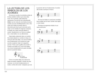 130
LA LECTURA DE LOS
SÍMBOLOS DE LOS
ACORDES
Al tocar por acordes, los símbolos arriba de
la línea melódica indican qué notas debe
tocar. Por lo general, cada indicación
representa un acorde de tres notas llamado
triada. Las tres notas de una triada armonizan
cuando se tocan simultáneamente. Una o dos
notas de la triada se pueden elevar o
descender para hacer que la armonía suene
mejor con la melodía. En algunas ocasiones,
se añade una cuarta nota para alterar el
sonido. Usualmente en un himno se utilizan
tres o más triadas con sus alteraciones.
Cada triada y alteración tiene un nombre.
Una triada adquiere su nombre en base a la
nota que esté más abajo, a la cual se la llama
tono fundamental. (Los nombres de cada
acorde se explican mejor en la siguiente
sección “Cómo usar la gráfica de acordes”.)
Cuando una triada se ve como la de abajo,
con el tono fundamental en la parte de abajo,
está en la posición básica.
Como se muestra abajo, las notas de la
triada se pueden organizar o invertir de otras
maneras, con el tono fundamental en el
medio o arriba del acorde. Cualquiera que sea
la posición del tono fundamental, el nombre
del acorde es siempre el mismo.
El tocar las triadas en posiciones invertidas
hace posible que la mano cambie más rápido
a otras triadas.
Practique las siguientes triadas en sus
varias posiciones.
?
www
www
www www
Î
?
www www www
Ï
?
www
www
www
Í
& www
www
www
& www ➡
tono
fundamental
 
