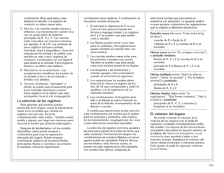141
combinación eficaz para solos y para
destacar la melodía. Los registros de
mutación no deben usarse solos.
3. Mezclas. Las mezclas añaden riqueza y
brillantez a su interpretación cuando toca
con un grupo pleno de registros
principales de 8', 4' y 2'. Las mezclas
están marcadas con números romanos,
por ejemplo: II, III ó IV. Los nombres de
estos registros incluyen cymbale,
fourniture, sharf y sesquialtera. Otras dos
mezclas son la corneta y el carillón, que
también se usan como registros de
mutación, combinados con una flauta 8'
para destacar la melodía. Estos registros
tampoco se deben usar aislados.
4. Mecanismo de acoplamiento. Los
acoplamientos transfieren los sonidos de
un teclado a otro o de un manual o
teclado a los pedales.
5. Trémolo. El trémolo, “tremulant” o
vibrato se puede usar escasamente para
tocar melodías expresivas y suaves.
Estos registros no se deben usar para
acompañar coros ni a la congregación.
La selección de los registros
Para aprender qué sonidos pueden
producirse en el órgano, toque la misma tecla
varias veces a medida que cambia los
registros uno por uno. Escuche
cuidadosamente cada sonido. También puede
pedirle a alguien que haga esto mientras usted
escucha el sonido que produce cada registro.
Después de familiarizarse con los sonidos
disponibles, usted puede empezar a
combinarlos para crear la registración
adecuada del órgano. Puede empezar
combinando registros de la misma familia
(principales, flautas o cuerdas) y escuchando
el resultado. Entonces experimente
combinando otros registros. A continuación se
encuentra una lista de pautas:
1. El principal (o diapasón) de 8' se usa
como la base para acompañar los
himnos congregacionales. Los registros
de 4' y 2' se pueden usar para añadir
color y claridad.
2. Las flautas pueden servir como base
para los preludios y las registraciones
suaves; también se mezclan bien con
otros sonidos.
3. Las cuerdas pueden usarse solas para
los preludios o pasajes muy suaves.
También se pueden usar para añadir
color a los sonidos suaves de las flautas.
4. Las lengüetas y las mutaciones y
mezclas agregan color y entusiasmo
cuando se tocan himnos vigorosos.
5. Los registros para los pedales deben
tener por lo menos un registro de 8' y
otro de 16' que correspondan y estén en
equilibrio con la registración de los
manuales teclados.
6. Las combinaciones de lengüetas para
solo y de flautas se usan a menudo en
solos de la melodía, acompañados de las
flautas o cuerdas.
A medida que experimenta, preste atención
a las combinaciones de sonidos que le gusten
para los preludios y postludios, para música
de acompañamiento congregacional, de coros
o para selecciones musicales especiales.
La selección de registros correctos ayudará a
las personas a pensar en la clase de himno que
están cantando. Para los himnos alegres, las
combinaciones de sonidos brillantes con tonos
agudos puede ser apropiada. Para los himnos
sacramentales y otros himnos suaves, se
pueden escoger registraciones más tranquilas
con sonidos más calmos. Asegúrese de
seleccionar sonidos que promuevan la
reverencia y la adoración. La siguiente gráfica
es para ayudarle a determinar las registraciones
que se adaptan a diferentes situaciones.
Preludio suave (tal como “Cuán dulce la ley
de Dios”):
cuerdas de 8' o flauta de 8'
o flautas de 8' y 4' (y cuerdas de 8' si se
necesita)
Himno suave (como “En un lejano cerro fue”)
o preludio mediano:
flautas de 8', 4' y 2' (y cuerdas de 8' si se
necesita)
principal de 8' (y flautas de 8' y 4' si se
necesita)
Himno mediano (como “Dulce tu obra es,
Señor”, “Señor, te necesito” y “Por la belleza
terrenal”) o postludio:
principales de 8' y 4'
flautas de 8', 4' y 2'
Himnos fuertes (tales como “Ya
regocijemos”, “Qué firmes cimientos”, “Haz tú
lo justo”) o postludio:
principales de 8', 4', 2', y mezclas (y
lengüetas si se necesitan)
El volumen del órgano
Se puede controlar el volumen de la
mayoría de los órganos con el pedal de
expresión, localizado inmediatamente arriba
del pedalier. La mayoría de los himnos tienen
una palabra descriptiva en la parte superior de
la página, tal como con entusiasmo, o con
reverencia, para ayudarle a saber a qué
volumen tocarlos. Establezca el volumen del
himno desde el principio o mientras practica.
Evite ajustar el pedal de expresión mientras
toca el himno.
 