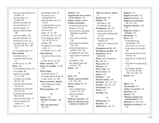 159
para las notas blancas con
puntillo, 16
para las notas con
puntillo, 88
para las corcheas, 82
para las blancas, 16
para las negras, 16
para las semicorcheas,
100
para los tresillos, 109
para las redondas, 16
introducción a los, 16
la práctica de los, 17–21,
82–83, 100–101, 109,
110
en el compás de ^, 110
Nota redonda
la práctica de la, 17
el nombre rítmico de la,
16
el valor de la, 16, 148
Notas, 149
la combinación de las, 18
con puntillo, 88
blancas con puntillo,
16–17, 149
corcheas con puntillo,
82–83, 149
la práctica de encontrar
LA y SI, 35
la práctica de encontrar
DO y FA, 34
la práctica de encontrar
RE y MI, 36
cómo encontrar SOL, 37
cómo encontrar DO
central, 32
blanca, 16–17, 149
aprendizaje de las, 16
la posición en el
pentagrama, 43
sobre las líneas, 42–47,
52, 53
correlacionarlas con las
teclas blancas, 43
anacrusis, 39
negra, 16–17, 148
corcheas, 100–101, 149
en los espacios, 42–43,
48–49, 50, 52, 53
tresillos, 109
los valores en el compás
de ^, 110
la redonda, 16–17, 149
Notas blancas
el nombre rítmico de las,
16
el valor de las, 16, 149
Notas comunes, 150
Notas con puntillo, 16, 88,
149
Notas negras
la práctica de las, 17
el nombre rítmico de las, 16
el valor de las, 16, 149
Notas musicales, Tarjetas.
Véase Tarjetas de notas
musicales
Notas pequeñas, 150
O
Octava, 150
“Oh Dios de Israel”, 108,
132
“¡Oh está todo bien!”,
106–107
Oratorio, 150
Organización de la música
en los barrios, 122
Órgano. Véase también
Teclado electrónico.
las indicaciones de los
pedales, 137–140
cómo tocar en manuales
(teclados) separados,
136
cómo tocar el teclado,
134
cómo tocar los pedales,
136–140
técnicas para tocar los
pedales, 138–139
la registración del, 140
cómo ajustar el volumen,
141
los registros, 140
qué zapatos usar para
tocar el, 136
Ottava, 150
P
Parte, 150
Pasaje o pase de dedos,
134–135, 150
Pasos y saltos, 50–53
Pautas
cómo establecer los
cursos, 122–123
para los maestros,
122–128
Pedal de expresión, 150
Pedal de expresión para
sostener el sonido, 86
“Dulce tu obra es, Señor”,
21
Pedal fuerte, 150
Pedales, 150
del órgano, 136
de expresión, 86
Pentagrama, 150, 151
introducción al, 42
notas sobre las líneas del,
42–43
las notas y las teclas
blancas, 43
notas en los espacios del,
42–43
Pentagrama de FA, 150
Pentagrama de SOL, 150
Pianissimo. Véase
Dinámicas
Piano. Véase Dinámicas
Pie, 140, 151
Pieza coral, 151
Pistones, 151
Plica o rabo, 151
Poco a poco, 151
Popurrí, 151
Portatiza, 1, 126
Posición básica, 130
Postludio, 136, 141, 151
Preludio, 136, 141, 151
Prestissimo, 147
Presto, 147
Principal, 140
R
Rallentando, 151
Recitales, 127
Registración, 140, 151
Registro, 151
Registro de base, 151
Registro de voces, 151
Registros de mutación,
140, 141, 149
Registros híbridos, 140,
147
Registros, teclas o
botones, 151
Ritardando, 151
Ritmo, 152
la dificultad de su
aprendizaje, 126
cómo leer el, 10, 16–18
de las notas con puntillo,
88
la lectura del ritmo de los
himnos, 19
cómo leer el compás de %,
111
cómo leer el compás de ^,
110
los nombres rítmicos,
16–18, 82–83, 88,
100–101, 109, 110
Rubato, 152
S
Salmo, 152
“Sé humilde”, 91
“Señor, te necesito”, 90
Semitono, 152
Sempre, 152
“Siempre obedece los
mandamientos”, 93
Silencios, 92, 136, 152
Símbolos armónicos, 129,
130
 