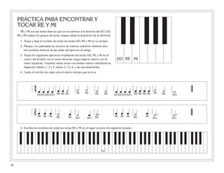 PRÁCTICA PARA ENCONTRAR Y
TOCAR RE Y MI
RE y MI son las teclas blancas que se encuentran a la derecha del DO. DO,
RE y MI rodean los grupos de teclas negras (véase la ilustración de la derecha).
1. Toque y diga el nombre de todas las teclas DO, RE y MI en su teclado.
2. Marque con palmadas los acentos de manera uniforme mientras dice
los nombres rítmicos de las notas del ejercicio de abajo.
3. Toque los siguientes ejercicios empleando las teclas DO, RE y MI en el
centro del teclado con la mano derecha; luego haga lo mismo con la
mano izquierda. Tóquelos varias veces con ambas manos cambiando la
digitación (dedos 1, 2 y 3; dedos 2, 3 y 4, y así sucesivamente).
4. Cante el nombre de cada nota al mismo tiempo que la toca.
36
DO RE MI
DO
4
4 œ œ œ œ œ œ ˙ ˙ ˙ ˙ ˙ œ œ œ œ œ œ œ œ ˙ ˙ w
DODODODO RE RE RE MI MI RE RE DODODODO RE RE RE RE MI RE DO
3
4 œ œ œ ˙ œ ˙ œ ˙. œ œ œ ˙ œ ˙. ˙.
DODO
MIREMIMIMIREDODOREREMIMIMI
5. Escriba los nombres de todas las teclas RE y MI en el lugar correcto del siguiente teclado.
 
