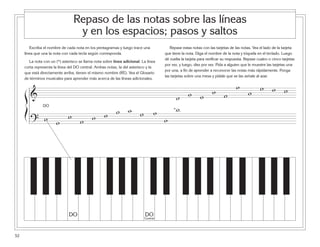 Escriba el nombre de cada nota en los pentagramas y luego trace una
línea que una la nota con cada tecla según corresponda.
La nota con un (*) asterisco se llama nota sobre línea adicional. La línea
corta representa la línea del DO central. Ambas notas, la del asterisco y la
que está directamente arriba, tienen el mismo nombre (RE). Vea el Glosario
de términos musicales para aprender más acerca de las líneas adicionales.
Repase estas notas con las tarjetas de las notas. Vea el lado de la tarjeta
que tiene la nota. Diga el nombre de la nota y tóquela en el teclado. Luego
dé vuelta la tarjeta para verificar su respuesta. Repase cuatro o cinco tarjetas
por vez, y luego, diez por vez. Pida a alguien que le muestre las tarjetas una
por una, a fin de aprender a reconocer las notas más rápidamente. Ponga
las tarjetas sobre una mesa y pídale que se las señale al azar.
52
Repaso de las notas sobre las líneas
y en los espacios; pasos y saltos
ß
Í
?
&
w w ww ww w w ww w
w w ww ww wwww
w*
DO
Central
DO
DO
 
