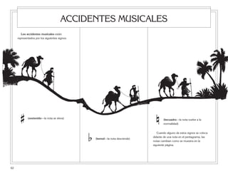 # (sostenido—la nota se eleva)
b (bemol—la nota desciende)
n (becuadro—la nota vuelve a la
normalidad)
Cuando alguno de estos signos se coloca
delante de una nota en el pentagrama, las
notas cambian como se muestra en la
siguiente página.
62
ACCIDENTES MUSICALES
Los accidentes musicales están
representados por los siguientes signos:
 