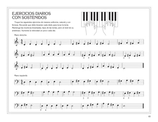 EJERCICIOS DIARIOS
CON SOSTENIDOS
Toque los siguientes ejercicios de manera uniforme, natural y con
firmeza. Recuerde que debe levantar cada dedo para tocar la tecla.
Mantenga las muñecas levantadas, lejos de las teclas, pero al nivel de su
antebrazo. Aumente la velocidad un poco cada día.
65
&
4
4 œ œ œ œ œ œ ˙ œ # œ œ # œ œ # œ ˙ # œ œ # œ œ
?
4
4 œ œ œ œ œ œ ˙ œ # œ œ # œ œ # œ ˙ # œ œ # œ œ
& # œ œ # ˙ œ œ œ œ œ œ ˙ # œ œ # œ œ # œ œ # ˙ œ # œ œ # œ
?
# œ œ # ˙ œ œ œ œ œ œ ˙ # œ œ # œ œ # œ œ # ˙ œ # œ œ # œ
& œ # œ ˙ œ œ œ œ œ œ ˙ œ œ # œ œ œ œ # œ œ w
?
œ # œ ˙ œ œ œ œ œ œ ˙ œ œ # œ œ œ œ # œ œ w
3 4 2 3
1 2
3 2 4 3
5 4
Mano izquierda
Mano derecha
5
1
4
3
2
5
1
4
3
2
 