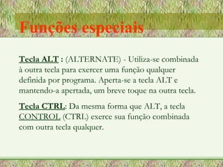 Tecla ALT  :  (ALTERNATE) - Utiliza-se combinada à outra tecla para exercer uma função qualquer definida por programa. Aperta-se a tecla ALT e mantendo-a apertada, um breve toque na outra tecla. Tecla CTRL : Da mesma forma que ALT, a tecla  CONTROL  (CTRL) exerce sua função combinada com outra tecla qualquer. Funções especiais 