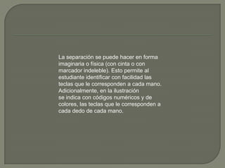 La separación se puede hacer en forma
imaginaria o física (con cinta o con
marcador indeleble). Esto permite al
estudiante identificar con facilidad las
teclas que le corresponden a cada mano.
Adicionalmente, en la ilustración
se indica con códigos numéricos y de
colores, las teclas que le corresponden a
cada dedo de cada mano.
 