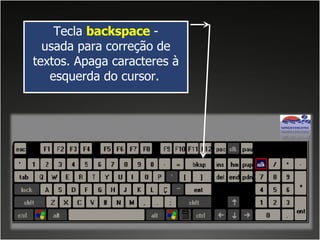 Tecla  backspace  - usada para correção de textos. Apaga caracteres à esquerda do cursor.   