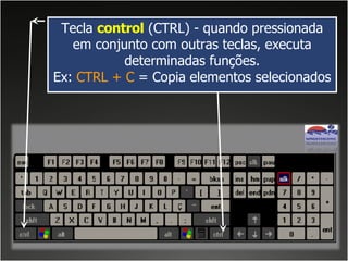 Tecla  control   (CTRL) - quando pressionada em conjunto com outras teclas, executa determinadas funções. Ex:  CTRL + C  = Copia elementos selecionados 