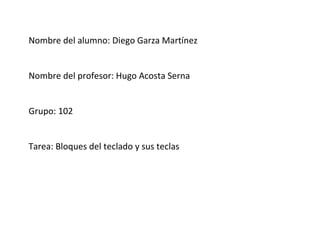 Nombre del alumno: Diego Garza Martínez
Nombre del profesor: Hugo Acosta Serna
Grupo: 102
Tarea: Bloques del teclado y sus teclas
 