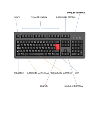 BLOQUEO NUMERICO
ESCAPE TECLAS DE FUNCION BLOQUERO DE CONTROL
TABULADOR BLOQUEO DE MAYUSCULAS BLOQUE ALFA NUMERICO SHIFT
CONTROL BLOQUE DE DIRECCION