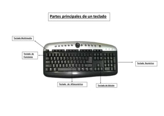 Teclado de Alfanumérico
Teclado de Edición
Teclado Numérico
Teclado de
Funciones
Teclado Multimedia
Partes principales de un teclado
