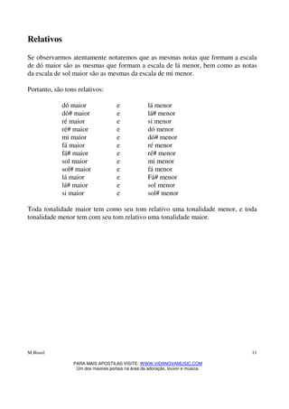 M.Brasil
PARA MAIS APOSTILAS VISITE: WWW.VIDANOVAMUSIC.COM
Um dos maiores portais na área da adoração, louvor e música.
11
Relativos
Se observarmos atentamente notaremos que as mesmas notas que formam a escala
de dó maior são as mesmas que formam a escala de lá menor, bem como as notas
da escala de sol maior são as mesmas da escala de mi menor.
Portanto, são tons relativos:
dó maior e lá menor
dó# maior e lá# menor
ré maior e si menor
ré# maior e dó menor
mi maior e dó# menor
fá maior e ré menor
fá# maior e ré# menor
sol maior e mi menor
sol# maior e fá menor
lá maior e Fá# menor
lá# maior e sol menor
si maior e sol# menor
Toda tonalidade maior tem como seu tom relativo uma tonalidade menor, e toda
tonalidade menor tem com seu tom relativo uma tonalidade maior.
 