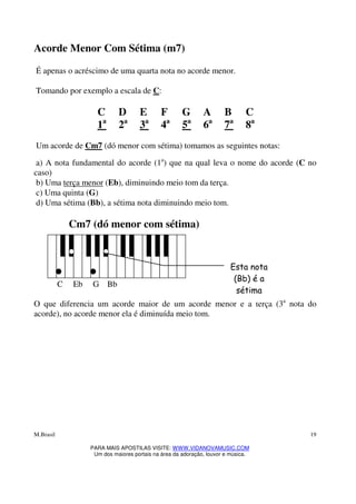 M.Brasil
PARA MAIS APOSTILAS VISITE: WWW.VIDANOVAMUSIC.COM
Um dos maiores portais na área da adoração, louvor e música.
19
Acorde Menor Com Sétima (m7)
É apenas o acréscimo de uma quarta nota no acorde menor.
Tomando por exemplo a escala de C:
C D E F G A B C
1a
2a
3a
4a
5a
6a
7a
8a
Um acorde de Cm7 (dó menor com sétima) tomamos as seguintes notas:
a) A nota fundamental do acorde (1a
) que na qual leva o nome do acorde (C no
caso)
b) Uma terça menor (Eb), diminuindo meio tom da terça.
c) Uma quinta (G)
d) Uma sétima (Bb), a sétima nota diminuindo meio tom.
Cm7 (dó menor com sétima)
C Eb G Bb
O que diferencia um acorde maior de um acorde menor é a terça (3a
nota do
acorde), no acorde menor ela é diminuída meio tom.
Esta nota
(Bb) é a
sétima
 