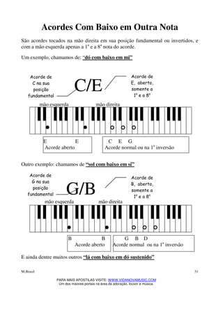 M.Brasil
PARA MAIS APOSTILAS VISITE: WWW.VIDANOVAMUSIC.COM
Um dos maiores portais na área da adoração, louvor e música.
31
Acordes Com Baixo em Outra Nota
São acordes tocados na mão direita em sua posição fundamental ou invertidos, e
com a mão esquerda apenas a 1a
e a 8a
nota do acorde.
Um exemplo, chamamos de: “dó com baixo em mi”
C/E
mão esquerda mão direita
E E C E G
Acorde aberto Acorde normal ou na 1a
inversão
Outro exemplo: chamamos de “sol com baixo em si”
G/Bmão esquerda mão direita
B B G B D
Acorde aberto Acorde normal ou na 1a
inversão
E ainda dentre muitos outros “lá com baixo em dó sustenido”
Acorde de
C na sua
posição
fundamental
Acorde de
E, aberto,
somente a
1a
e a 8a
nota do
Acorde de
G na sua
posição
fundamental
Acorde de
B, aberto,
somente a
1a
e a 8a
nota do
 