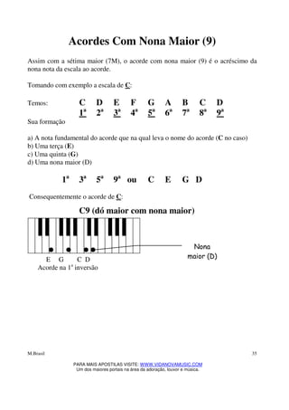 M.Brasil
PARA MAIS APOSTILAS VISITE: WWW.VIDANOVAMUSIC.COM
Um dos maiores portais na área da adoração, louvor e música.
35
Acordes Com Nona Maior (9)
Assim com a sétima maior (7M), o acorde com nona maior (9) é o acréscimo da
nona nota da escala ao acorde.
Tomando com exemplo a escala de C:
Temos: C D E F G A B C D
1a
2a
3a
4a
5a
6a
7a
8a
9a
Sua formação
a) A nota fundamental do acorde que na qual leva o nome do acorde (C no caso)
b) Uma terça (E)
c) Uma quinta (G)
d) Uma nona maior (D)
1a
3a
5a
9a
ou C E G D
Consequentemente o acorde de C:
C9 (dó maior com nona maior)
E G C D
Acorde na 1a
inversão
Nona
maior (D)
 