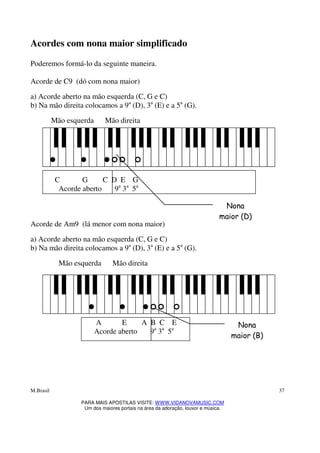 M.Brasil
PARA MAIS APOSTILAS VISITE: WWW.VIDANOVAMUSIC.COM
Um dos maiores portais na área da adoração, louvor e música.
37
Acordes com nona maior simplificado
Poderemos formá-lo da seguinte maneira.
Acorde de C9 (dó com nona maior)
a) Acorde aberto na mão esquerda (C, G e C)
b) Na mão direita colocamos a 9a
(D), 3a
(E) e a 5a
(G).
Mão esquerda Mão direita
C G C D E G
Acorde aberto 9a
3a
5a
Acorde de Am9 (lá menor com nona maior)
a) Acorde aberto na mão esquerda (C, G e C)
b) Na mão direita colocamos a 9a
(D), 3a
(E) e a 5a
(G).
Mão esquerda Mão direita
A E A B C E
Acorde aberto 9a
3a
5a
Nona
maior (D)
Nona
maior (B)
 