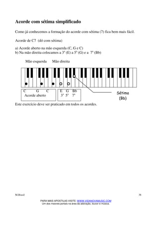 M.Brasil
PARA MAIS APOSTILAS VISITE: WWW.VIDANOVAMUSIC.COM
Um dos maiores portais na área da adoração, louvor e música.
38
Acorde com sétima simplificado
Como já conhecemos a formação do acorde com sétima (7) fica bem mais fácil.
Acorde de C7 (dó com sétima)
a) Acorde aberto na mão esquerda (C, G e C)
b) Na mão direita colocamos a 3a
(E) a 5a
(G) e a 7a
(Bb)
Mão esquerda Mão direita
C G C E G Bb
Acorde aberto 3a
5a
7a
Este exercício deve ser praticado em todos os acordes.
Sétima
(Bb)
 