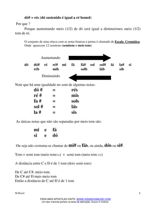 M.Brasil
PARA MAIS APOSTILAS VISITE: WWW.VIDANOVAMUSIC.COM
Um dos maiores portais na área da adoração, louvor e música.
8
dó# = réb (dó sustenido é igual a ré bemol)
Por que ?
Porque aumentando meio (1/2) de dó será igual a diminuirmos meio (1/2)
tom de ré.
O conjunto de uma oitava com as notas brancas e pretas é chamado de Escala Cromática.
Onde aparecem 12 semitons (semitom = meio tom).
Aumentando
dó dó# ré ré# mi fá fá# sol sol# lá la# si
réb mib solb láb sib
Diminuindo
Note que há uma igualdade no som de algumas notas:
dó # = réb
ré # = mib
fa # = solb
sol # = láb
la # = sib
As únicas notas que não são separadas por meio tom são:
mi e fá
si e dó
Ou seja não costuma-se chamar de mi# ou fáb, ou ainda, dób ou si#.
Tom = semi tom (meio tom(½)) + semi tom (meio tom (½))
A distância entre C e D é de 1 tom (dois semi tons)
De C até C#, meio tom.
De C# até D mais meio tom
Então a distância de C até D é de 1 tom
 