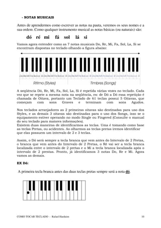 - NOTAS MUSICAIS

Antes de aprendermos como escrever as notas na pauta, veremos os seus nomes e a
sua ordem .Como qualquer instrumento musical as notas básicas (ou naturais) são:

      dó ré mi           fá sol       lá si
Vamos agora entender como as 7 notas musicais Do, Re, Mi, Fa, Sol, La, Si se
encontram dispostas no teclado olhando a figura abaixo:




A seqüência Dó, Re, Mi, Fa, Sol, La, Si é repetida várias vezes no teclado. Cada
vez que se repete a mesma nota na seqüência, ex: de Dó a Dó essa repetição é
chamada de Oitava, portanto um Teclado de 61 teclas possui 5 Oitavas, que
começam      com    sons    Graves     e    terminam     com     sons    Agudos.

Nos teclados arranjadores as 2 primeiras oitavas são destinadas para uso dos
Styles, e as demais 3 oitavas são destinadas para o uso dos Songs, isso se o
equipamento estiver operando no modo Single ou Fingered (Consulte o manual
do seu teclado para maiores informações).
Existem duas maneiras de identificarmos as teclas. Uma é tomando como base
as teclas Pretas, ou acidentes. Ao olharmos as teclas pretas iremos identificar
que elas possuem um intervalo de 2 e 3 teclas.

Assim, o Dó será sempre a tecla branca que vem antes do Intervalo de 2 Pretas,
o branca que vem antes do Intervalo de 2 Pretas, o Ré vai ser a tecla branca
localizada entre o intervalo de 2 pretas e o Mi a tecla branca localizada após o
intervalo de 2 prestas. Pronto, já identificamos 3 notas Do, Re e Mi. Agora
vamos as demais.

EX Dó:

A primeira tecla branca antes das duas teclas pretas sempre será a nota dó.




COMO TOCAR TECLADO - Rafael Harduim                                            10
 