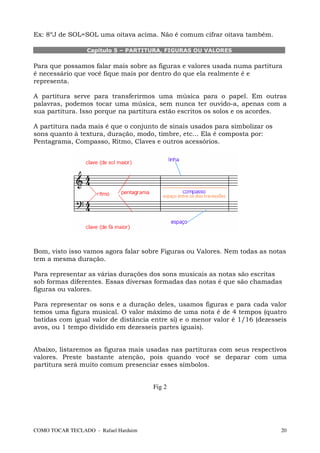 Ex: 8ºJ de SOL=SOL uma oitava acima. Não é comum cifrar oitava também.

                 Capítulo 5 – PARTITURA, FIGURAS OU VALORES

Para que possamos falar mais sobre as figuras e valores usada numa partitura
é necessário que você fique mais por dentro do que ela realmente é e
representa.

A partitura serve para transferirmos uma música para o papel. Em outras
palavras, podemos tocar uma música, sem nunca ter ouvido-a, apenas com a
sua partitura. Isso porque na partitura estão escritos os solos e os acordes.

A partitura nada mais é que o conjunto de sinais usados para simbolizar os
sons quanto à textura, duração, modo, timbre, etc... Ela é composta por:
Pentagrama, Compasso, Ritmo, Claves e outros acessórios.




Bom, visto isso vamos agora falar sobre Figuras ou Valores. Nem todas as notas
tem a mesma duração.

Para representar as várias durações dos sons musicais as notas são escritas
sob formas diferentes. Essas diversas formadas das notas é que são chamadas
figuras ou valores.

Para representar os sons e a duração deles, usamos figuras e para cada valor
temos uma figura musical. O valor máximo de uma nota é de 4 tempos (quatro
batidas com igual valor de distância entre si) e o menor valor é 1/16 (dezesseis
avos, ou 1 tempo dividido em dezesseis partes iguais).


Abaixo, listaremos as figuras mais usadas nas partituras com seus respectivos
valores. Preste bastante atenção, pois quando você se deparar com uma
partitura será muito comum presenciar esses símbolos.


                                      Fig 2




COMO TOCAR TECLADO - Rafael Harduim                                           20
 