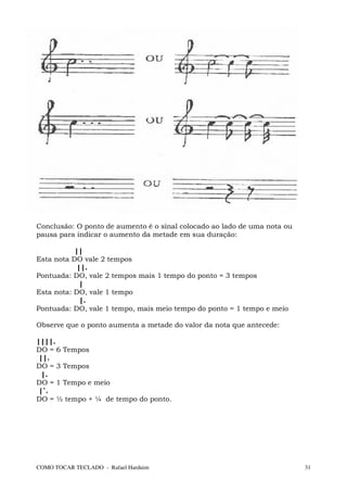 Conclusão: O ponto de aumento é o sinal colocado ao lado de uma nota ou
pausa para indicar o aumento da metade em sua duração:

           ||
Esta nota DO vale 2 tempos
            ||.
Pontuada: DO, vale 2 tempos mais 1 tempo do ponto = 3 tempos
             |
Esta nota: DO, vale 1 tempo
             |.
Pontuada: DO, vale 1 tempo, mais meio tempo do ponto = 1 tempo e meio

Observe que o ponto aumenta a metade do valor da nota que antecede:

||||.
DO = 6 Tempos
 ||.
DO = 3 Tempos
  |.
DO = 1 Tempo e meio
 |`.
DO = ½ tempo + ¼ de tempo do ponto.




COMO TOCAR TECLADO - Rafael Harduim                                       31
 