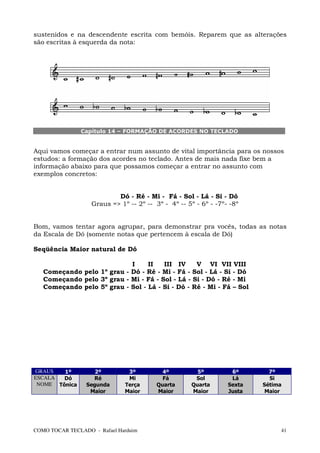 sustenidos e na descendente escrita com bemóis. Reparem que as alterações
são escritas à esquerda da nota:




               Capítulo 14 – FORMAÇÃO DE ACORDES NO TECLADO


Aqui vamos começar a entrar num assunto de vital importância para os nossos
estudos: a formação dos acordes no teclado. Antes de mais nada fixe bem a
informação abaixo para que possamos começar a entrar no assunto com
exemplos concretos:


                           Dó - Ré - Mi - Fá - Sol - Lá - Si - Dó
                   Graus => 1º -- 2º -- 3º - 4º -- 5º - 6º - -7º- -8º


Bom, vamos tentar agora agrupar, para demonstrar pra vocês, todas as notas
da Escala de Dó (somente notas que pertencem à escala de Dó)

Seqüência Maior natural de Dó

                            I     II   III IV     V VI VII VIII
   Começando pelo 1º grau - Dó - Ré - Mi - Fá - Sol - Lá - Si - Dó
   Começando pelo 3º grau - Mi - Fá - Sol - Lá - Si - Dó - Ré - Mi
   Começando pelo 5º grau - Sol - Lá - Si - Dó - Ré - Mi - Fá – Sol




GRAUS   1º          2º         3º          4º          5º         6º       7º
ESCALA  Dó         Ré          Mi          Fá         Sol         Lá       Si
 NOME Tônica     Segunda      Terça      Quarta      Quarta      Sexta   Sétima
                  Maior       Maior      Maior       Maior       Justa    Maior




COMO TOCAR TECLADO - Rafael Harduim                                           41
 